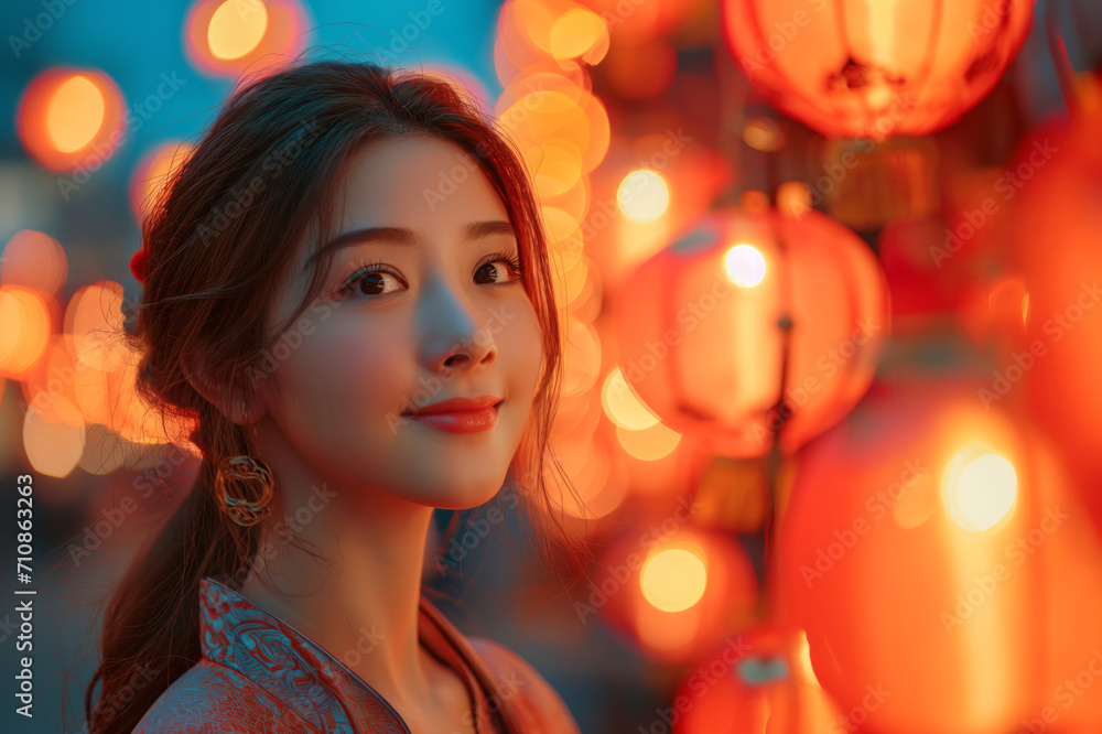 Portrait of attractive asian woman on Lunar New Year and Chinese lights in the background Portrait of attractive asian woman on Lunar New Year and Chinese lights in the background