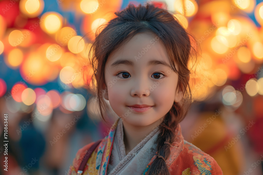 Asian child in traditional dress on Lunar New Year and Chinese lights in the background Asian child in traditional dress on Lunar New Year and Chinese lights in the background