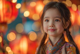 Asian child in traditional dress on Lunar New Year and Chinese lights in the background