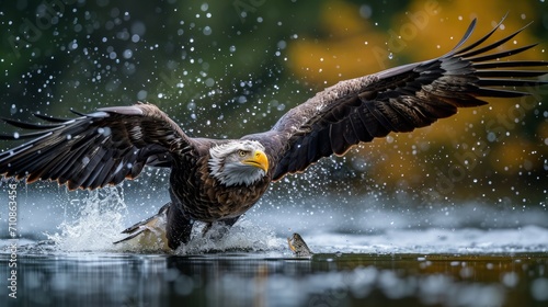 eagle flying and catching a fish mid air photo