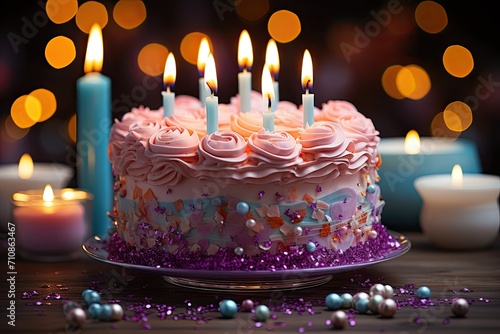 Triple birthday cake with bright candles  celebrating life.  generative IA