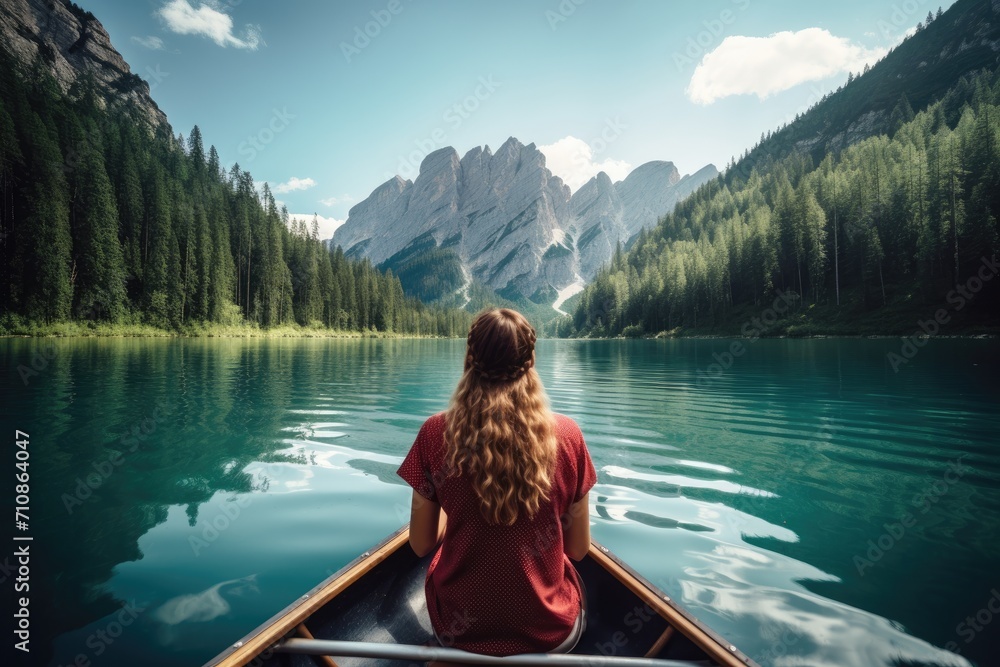 A woman peacefully sits in a boat on a calm and scenic lake, taking in the tranquility of nature, Beautiful woman kayaking on a stunning mountain lake surrounded by green trees, AI Generated