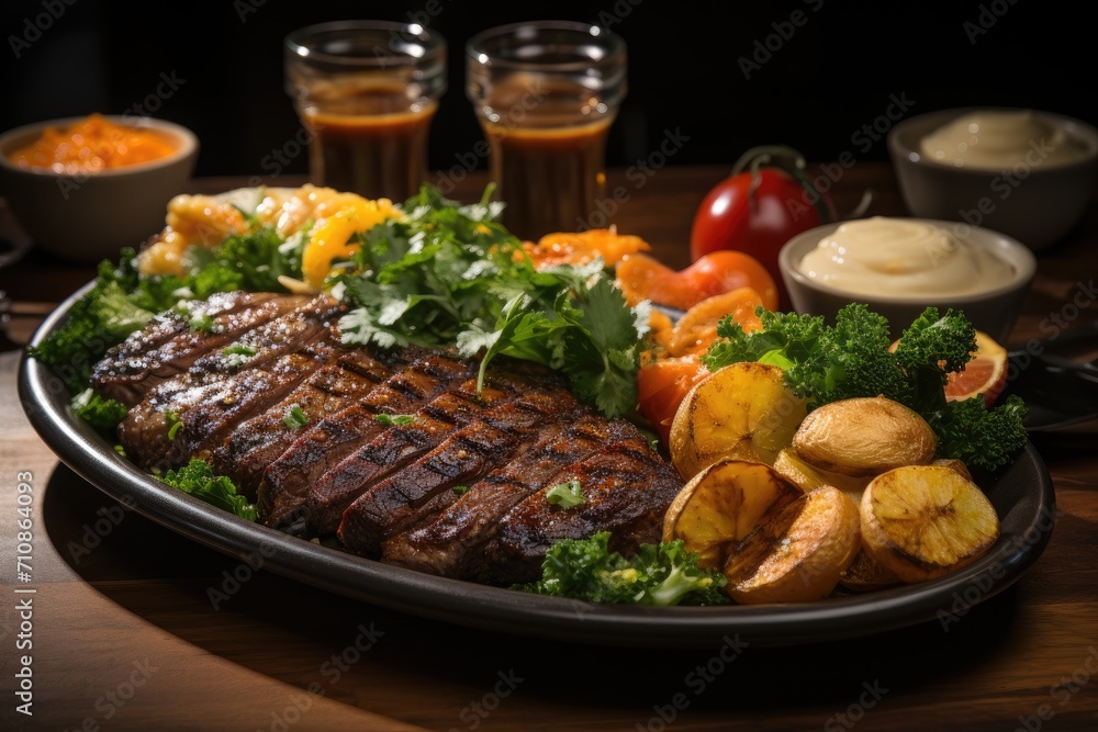 Succulent picanha surrounded by colorful side dishes in a noble cut restaurants., generative IA Succulent picanha surrounded by colorful side dishes in a noble cut restaurants., generative IA