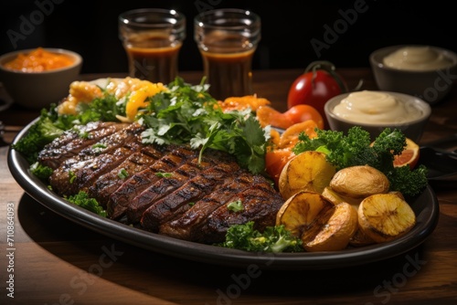 Succulent picanha surrounded by colorful side dishes in a noble cut restaurants., generative IA