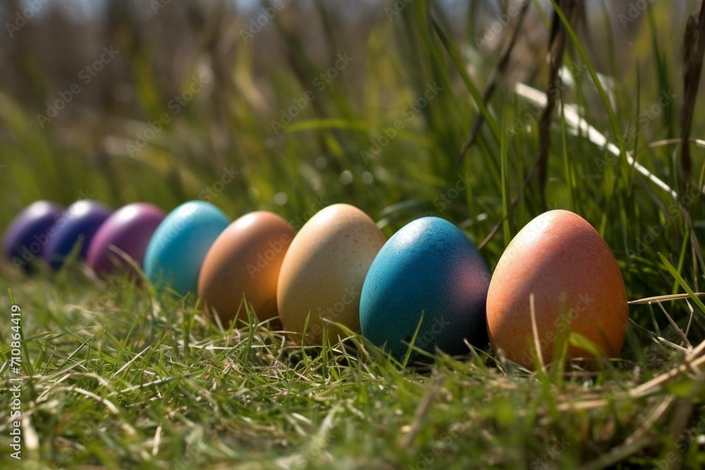 a row of colorful eggs in the grass. Generative AI