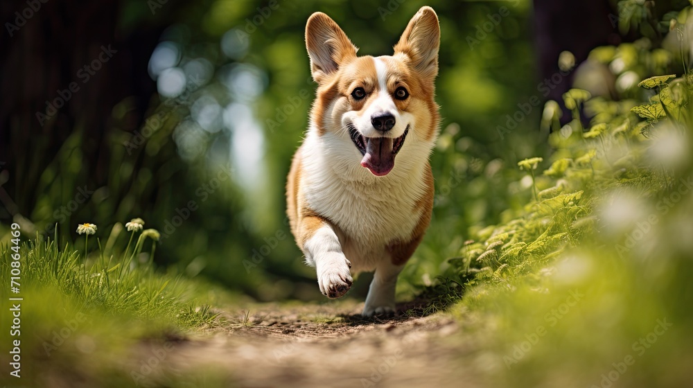 Serene summer stroll: A Pembroke Welsh Corgi enjoys a leisurely walk in a green park. Serene summer stroll: A Pembroke Welsh Corgi enjoys a leisurely walk in a green park.