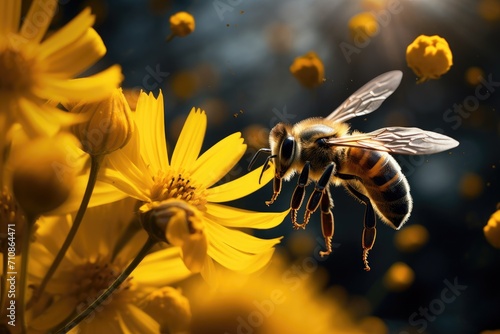 A lively bee gracefully hovers above a vibrant bunch of yellow flowers against a backdrop of leafy green plants, Bees hovering above a stunning yellow flower, AI Generated © Iftikhar alam