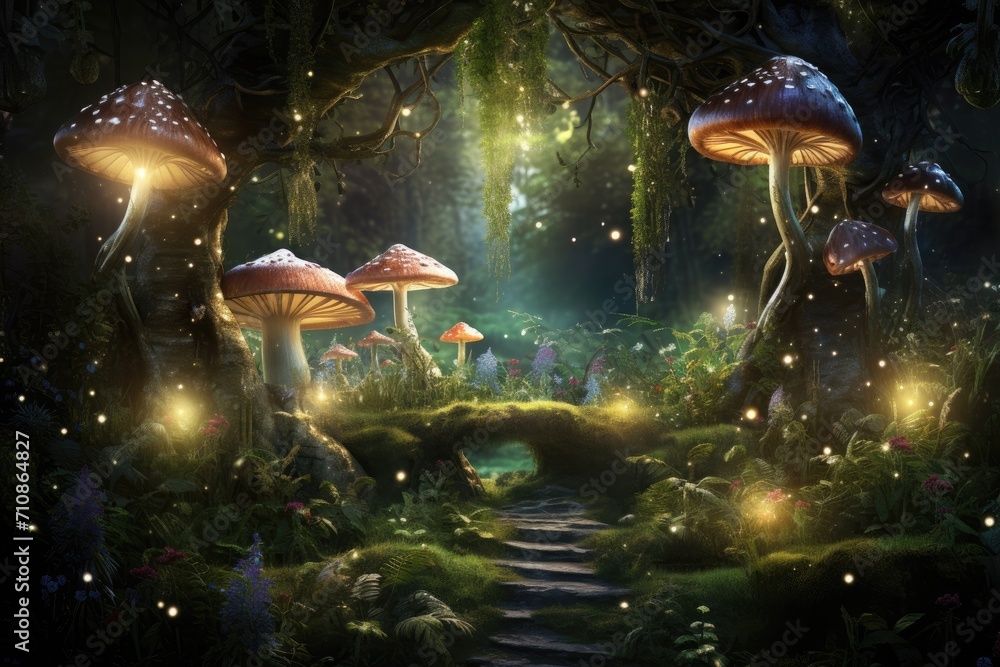Naklejka premium A mesmerizing sight of a group of mushrooms flourishing in the heart of a lush forest, An enchanted forest with little magical creatures and sparkling mushrooms, AI Generated