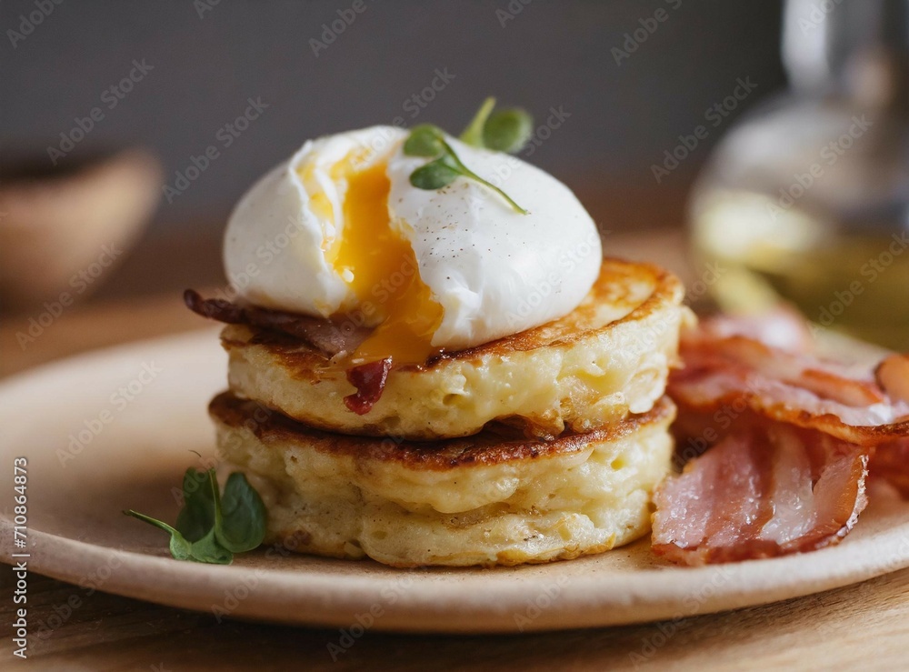 English breakfast closeup, hotcakes with bacon and egg English breakfast closeup, hotcakes with bacon and egg