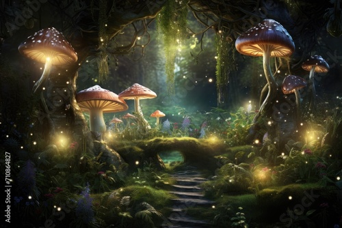 A mesmerizing sight of a group of mushrooms flourishing in the heart of a lush forest, An enchanted forest with little magical creatures and sparkling mushrooms, AI Generated