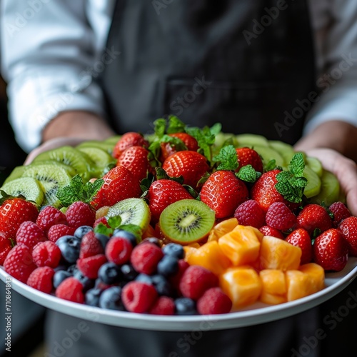 Chef holding a plate with helathy fruit  fruit bowl 