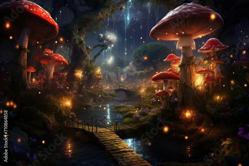 A whimsical painting of a forest illuminated by glowing mushrooms and enchanting lights, An enchanted forest with little magical creatures and sparkling mushrooms, AI Generated