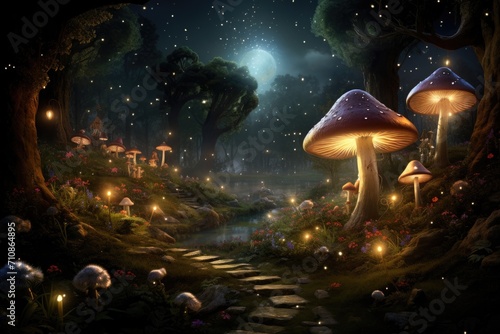 Enchanting Painting of Forest With Mushroom and Light Illumination, An enchanted forest with little magical creatures and sparkling mushrooms, AI Generated