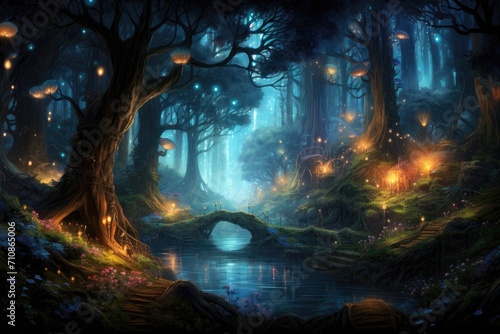 Illuminated Forest Hosting a Dense Array of Trees  An enchanted forest with little magical creatures and sparkling mushrooms  AI Generated