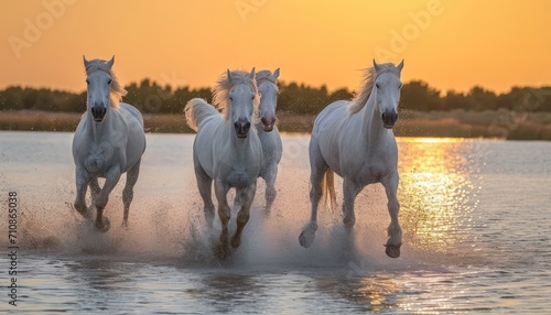Majestic white horses from camargue region galloping through water at the enchanting sunset, horses picture