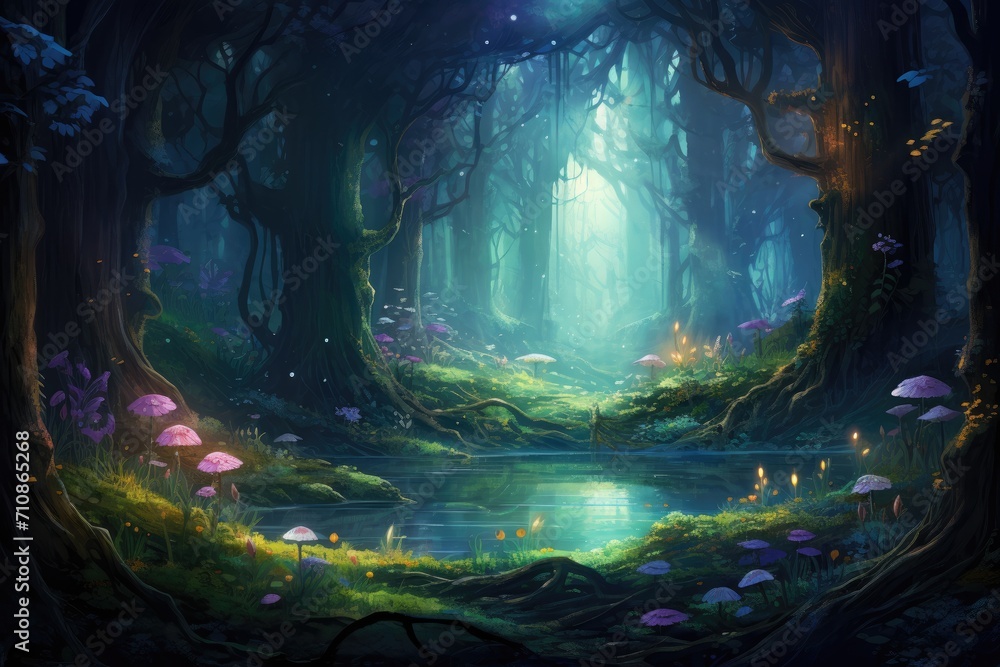 A captivating painting that depicts an expanse of lush trees in a serene forest, An enchanting forest scene populated with mystical creatures and filled with glowing flora, AI Generated