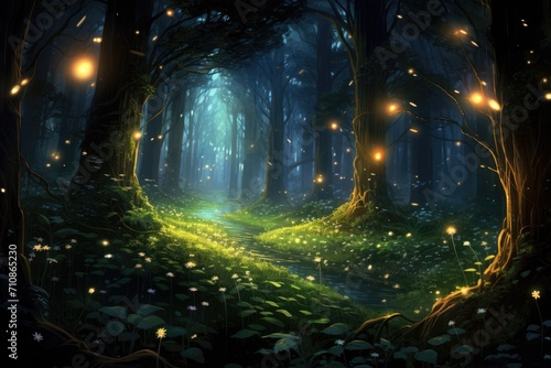 A stunning forest filled with an enchanting array of lights and lush trees, An enchanting forest filled with fireflies at dusk, AI Generated © Iftikhar alam