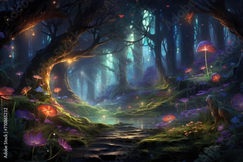 Breathtaking Forest Abloom With Vibrant Purple Flowers, An enchanting forest scene populated with mystical creatures and filled with glowing flora, AI Generated © Iftikhar alam