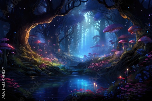 Painting of Forest Pond and Trees Reflecting Tranquility in Nature, An enchanting forest scene populated with mystical creatures and filled with glowing flora, AI Generated