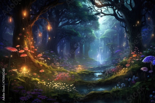 A serene painting of a lush forest with a gentle stream flowing through its midst  An enchanting forest scene populated with mystical creatures and filled with glowing flora  AI Generated