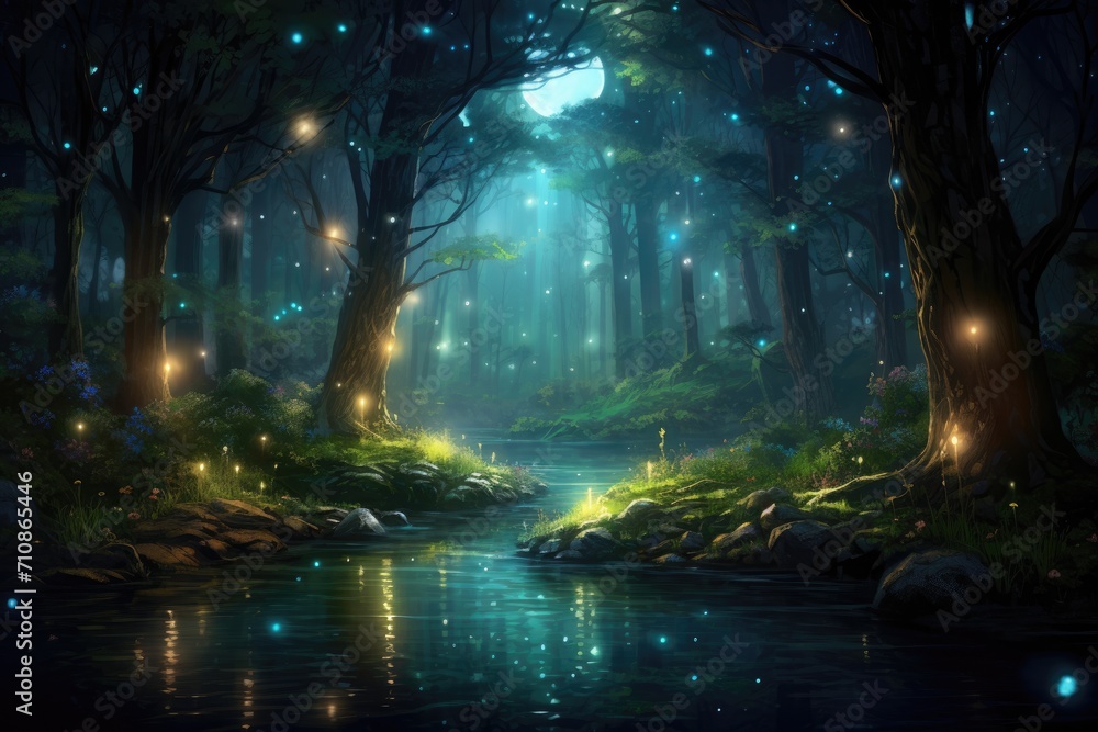 A mesmerizing view of a forest teeming with numerous trees and illuminated by enchanting lights, An enchanting moonlit forest with fireflies hovering around, AI Generated A mesmerizing view of a forest teeming with numerous trees and illuminated by enchanting lights, An enchanting moonlit forest with fireflies hovering around, AI Generated
