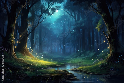 Serene Dark Forest With Majestic Stream Amidst Natures Tranquility  An enchanting moonlit forest with fireflies hovering around  AI Generated