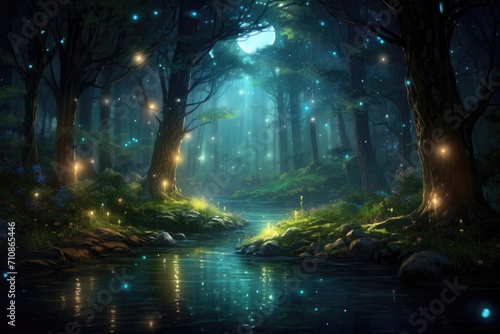 A mesmerizing view of a forest teeming with numerous trees and illuminated by enchanting lights  An enchanting moonlit forest with fireflies hovering around  AI Generated