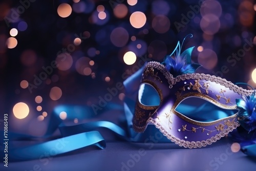 Carnival Mask With Defocused Party Confetti And Bokeh with copy space for advertiser