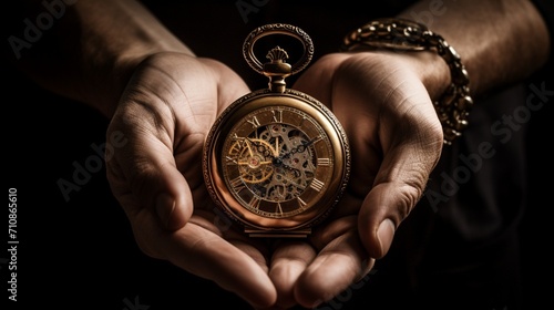 A compelling image featuring a close-up of a classic pocket watch, its hands pointing at a significant moment - Generative AI