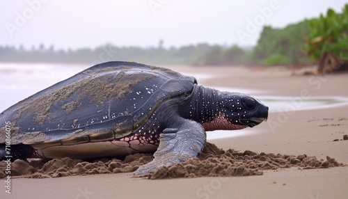 Majestic leatherback turtle gracefully returning to the sea after nesting on grande riviere beach, underwater marine life image