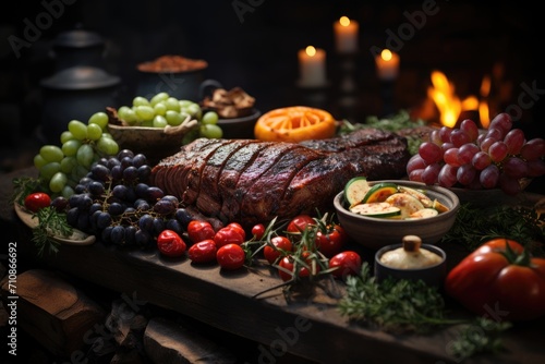 Rustic barbecue of exotic meats in the midst of nature., generative IA