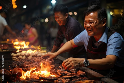 Street barbecue in market: succulent skewers and grilled sandwiches., generative IA