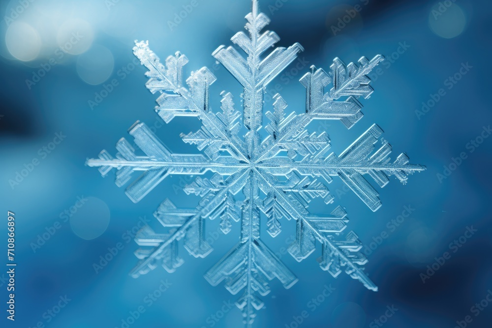 A detailed view of a single snowflake against a vibrant blue background, An icy and frosty texture of a snowflake, AI Generated A detailed view of a single snowflake against a vibrant blue background, An icy and frosty texture of a snowflake, AI Generated