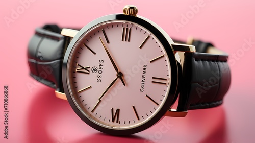 Classic round-faced timepiece with a black leather strap set against a pastel pink background