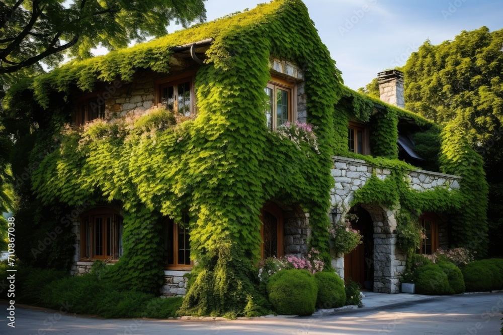 A picturesque house covered in lush vines and vibrant flowers basking in the sunlight, An idyllic country house with vine-covered walls, AI Generated