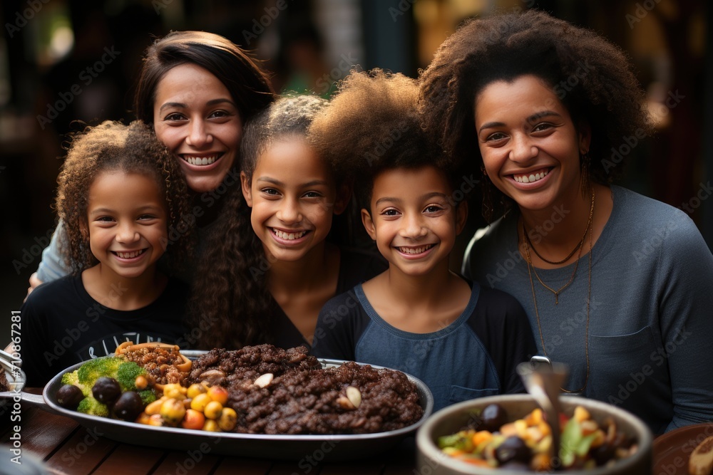 Joyful family at Sunday lunch with feijoada., generative IA