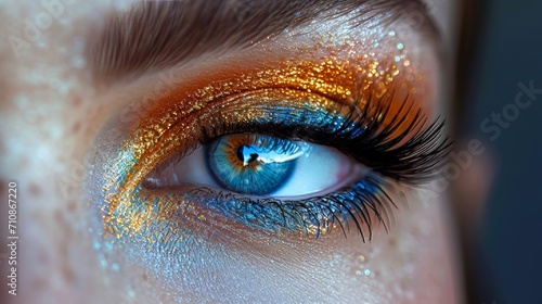 Woman eye make up with blue eyes and blue orange makeup photo