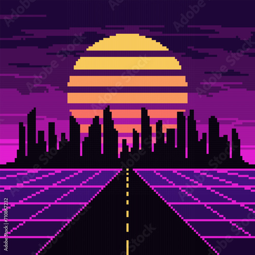 Pixel synthwave highway with city and sun background. Neon vaporwave landscape with mesh digital design with dark skyscrapers and striped star in purple night vector sky