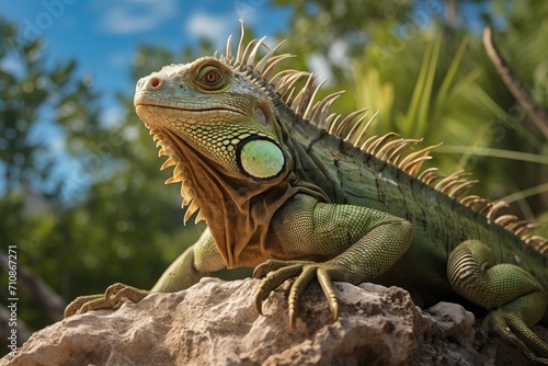 This image showcases a detailed view of a lizard basking on a rock in its natural habitat  An iguana basking in the sun on a rocky terrain  AI Generated