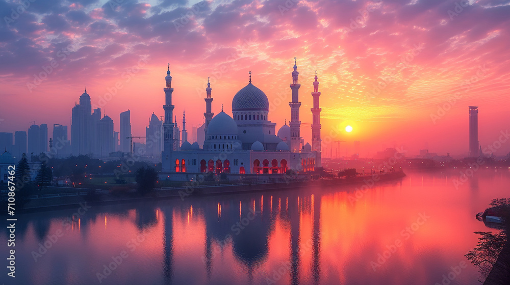 A breathtaking panorama of a city skyline during the pre-dawn Suhoor meal, with illuminated mosques and twinkling lights, showcasing the serene moments before sunrise when families