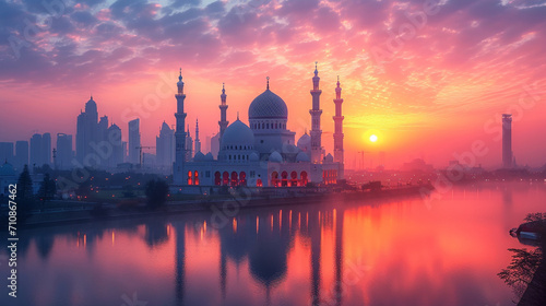 A breathtaking panorama of a city skyline during the pre-dawn Suhoor meal, with illuminated mosques and twinkling lights, showcasing the serene moments before sunrise when families