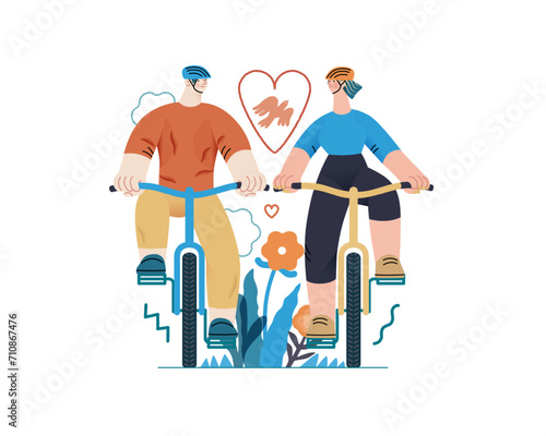 Valentine: Tandem Journey - modern flat vector concept illustration of a couple riding the bicycles together. Metaphor for the synchronized journey of a relationship