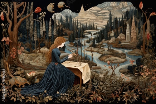 This painting depicts a woman seated at a table in a peaceful forest setting, An illustrative story told through elegant tapestry, AI Generated