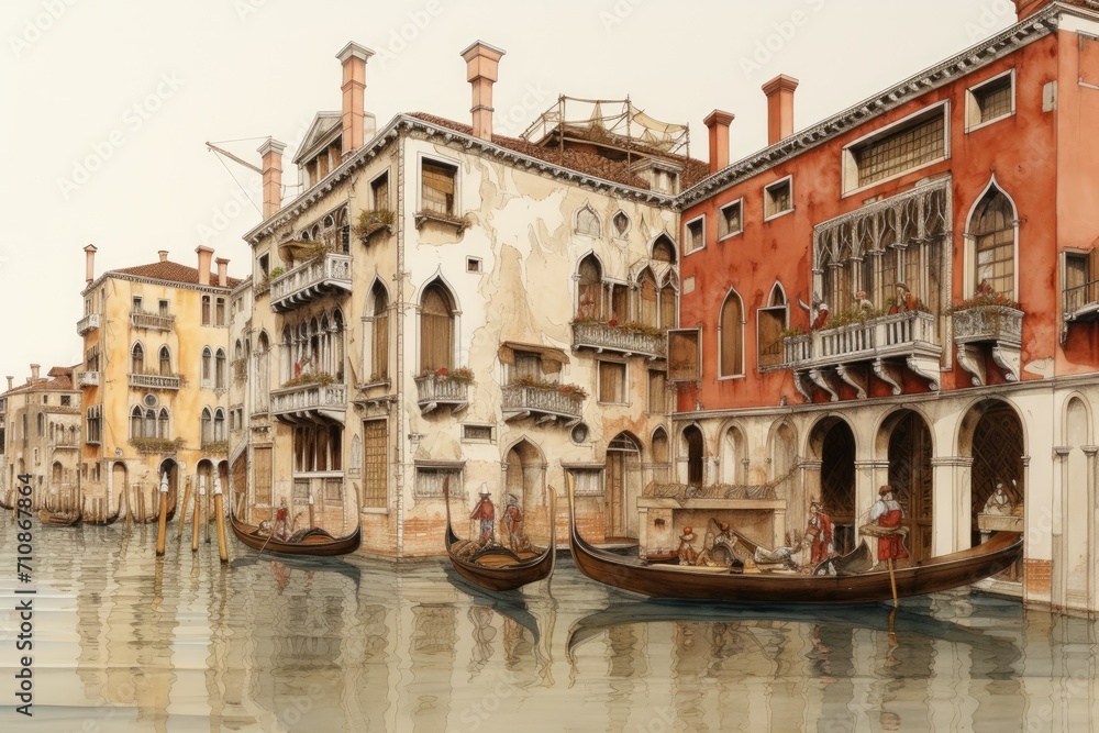 A vibrant painting capturing the essence of Venice, Italy, featuring a gondola peacefully gliding through the picturesque canals, An imaginative drawing of a family vacation in Venice, AI Generated