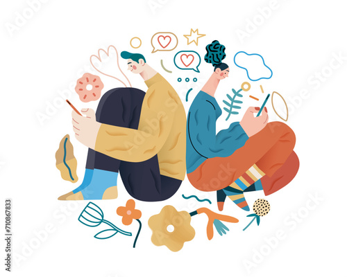 Valentine: Digital Whispers - modern flat vector concept illustration of a couple seated close, messaging each other. Metaphor for the intimacy of modern digital communication