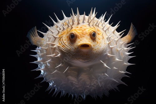 An image capturing the beauty of a puffer fish against a dark backdrop, showcasing its distinctive features and vibrant colors, An inflated texture of a blowfish, AI Generated