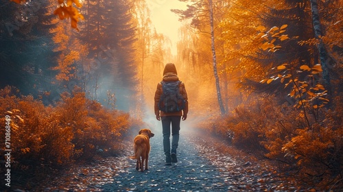 Human walking with a dog in a forest, Dog walking 