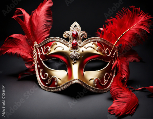 Red venetian carnival mask isolated on a black background. The concept of a party, fun, games, celebrations, carnival, theater, masquerade, New Year\'s corporate party. Symbol of mystery and secret.