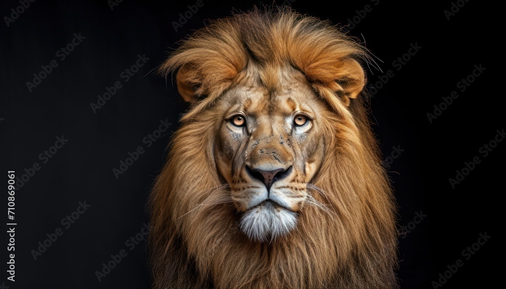 Majestic male african lion poses against black background, majestic big cats image