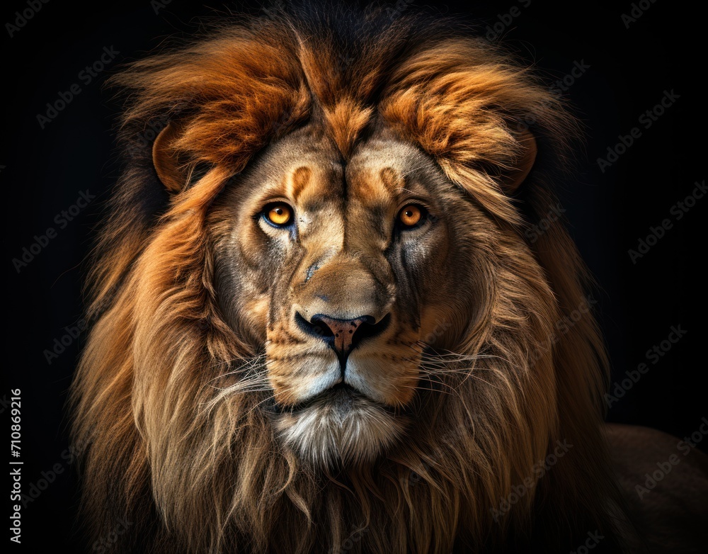 Majestic lion gazes against a black backdrop, majestic big cats image